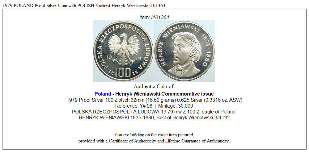 1979 POLAND Proof Silver Coin with POLISH Violinist Henryk Wieniawski i101364