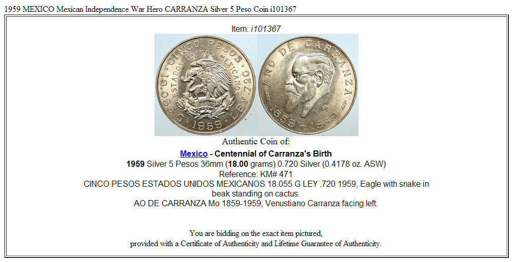 1959 MEXICO Mexican Independence War Hero CARRANZA Silver 5 Peso Coin i101367