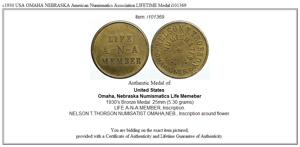 c1930 USA OMAHA NEBRASKA American Numismatics Association LIFETIME Medal i101369