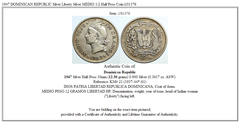 1947 DOMINICAN REPUBLIC Silver Liberty Silver MEDIO 1/2 Half Peso Coin i101376
