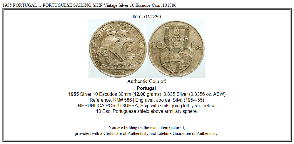 1955 PORTUGAL w PORTUGUESE SAILING SHIP Vintage Silver 10 Escudos Coin i101386