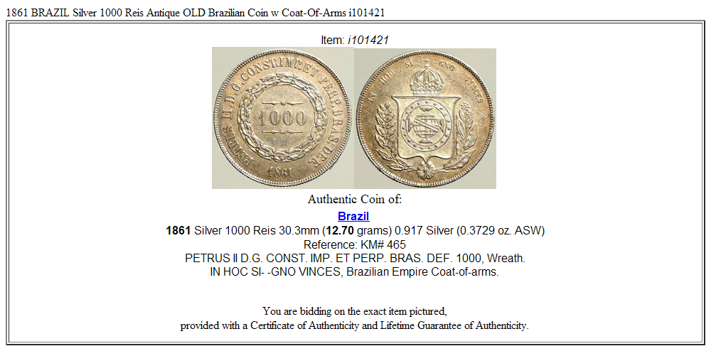 1861 BRAZIL Silver 1000 Reis Antique OLD Brazilian Coin w Coat-Of-Arms i101421