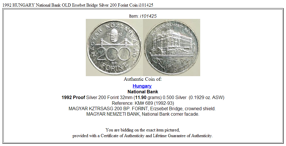 1992 HUNGARY National Bank OLD Ersebet Bridge Silver 200 Forint Coin i101425