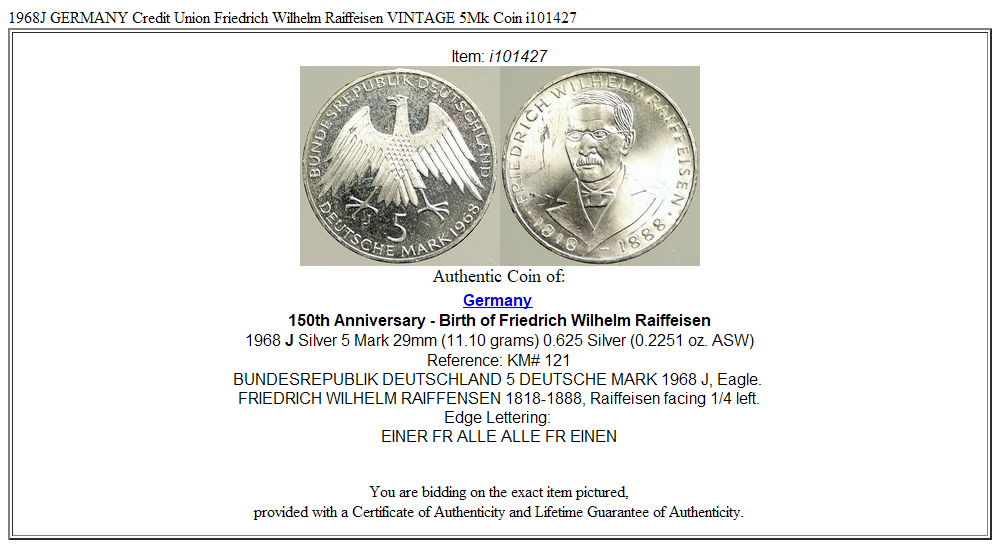 1968J GERMANY Credit Union Friedrich Wilhelm Raiffeisen VINTAGE 5Mk Coin i101427