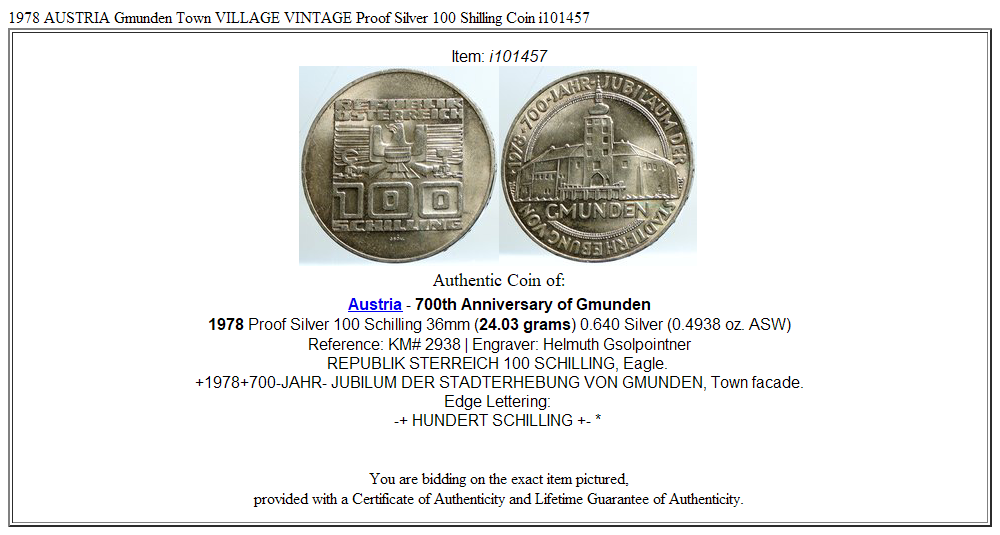 1978 AUSTRIA Gmunden Town VILLAGE VINTAGE Proof Silver 100 Shilling Coin i101457