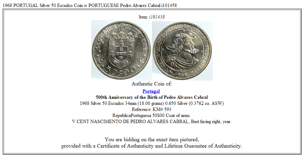 1968 PORTUGAL Silver 50 Escudos Coin w PORTUGUESE Pedro Alvares Cabral i101458