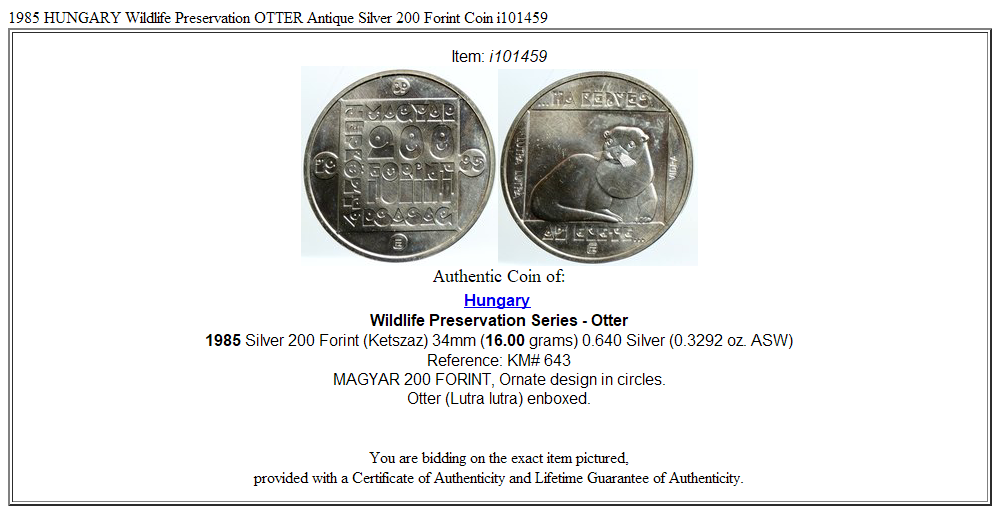 1985 HUNGARY Wildlife Preservation OTTER Antique Silver 200 Forint Coin i101459