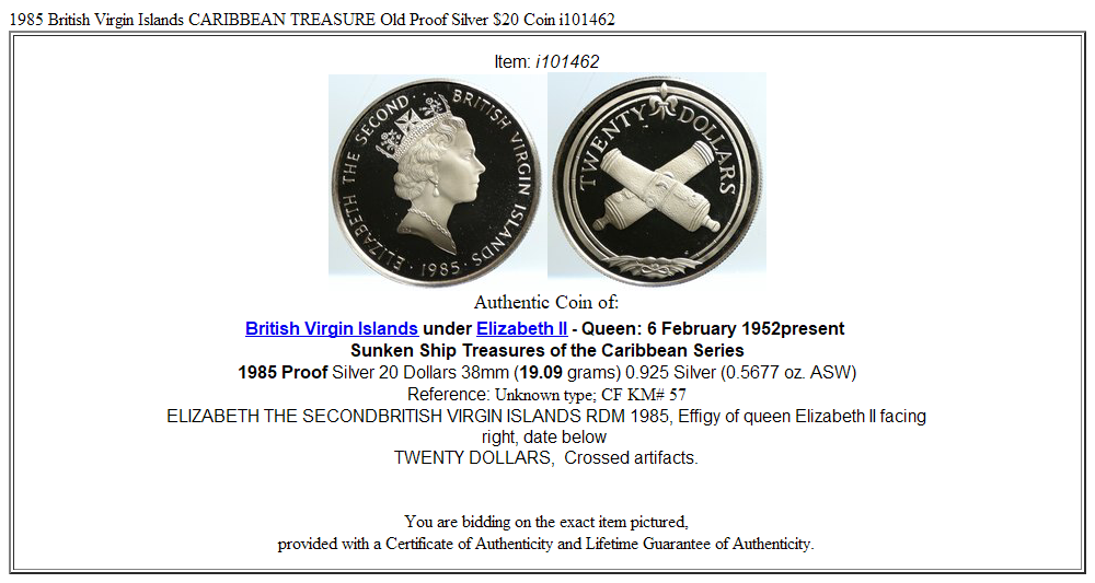 1985 British Virgin Islands CARIBBEAN TREASURE Old Proof Silver $20 Coin i101462