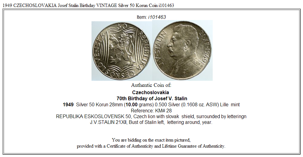 1949 CZECHOSLOVAKIA Josef Stalin Birthday VINTAGE Silver 50 Korun Coin i101463