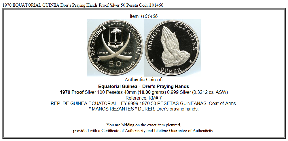 1970 EQUATORIAL GUINEA Dürer's Praying Hands Proof Silver 50 Peseta Coin i101466