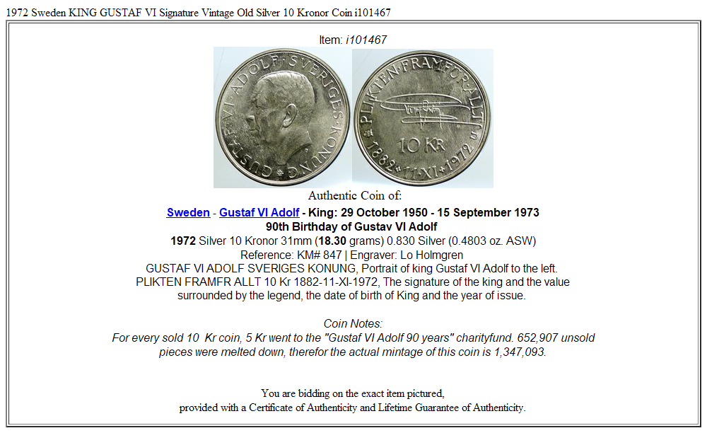 1972 Sweden KING GUSTAF VI Signature Vintage Old Silver 10 Kronor Coin i101467