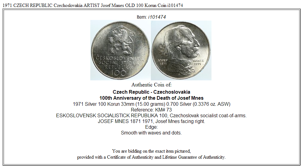 1971 CZECH REPUBLIC Czechoslovakia ARTIST Josef Manes OLD 100 Korun Coin i101474