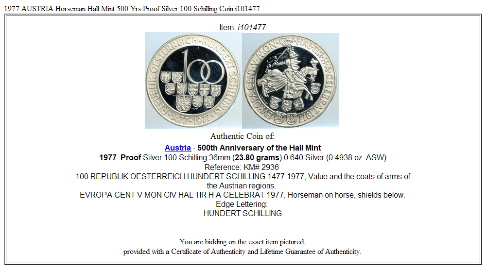 1977 AUSTRIA Horseman Hall Mint 500 Yrs Proof Silver 100 Schilling Coin i101477