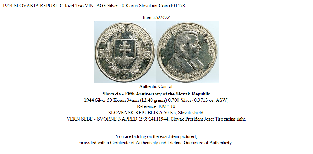 1944 SLOVAKIA REPUBLIC Jozef Tiso VINTAGE Silver 50 Korun Slovakian Coin i101478