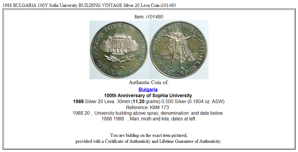 1988 BULGARIA 100Y Sofia University BUILDING VINTAGE Silver 20 Leva Coin i101480