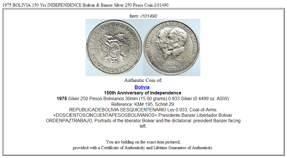 1975 BOLIVIA 150 Yrs INDEPENDENCE Bolivar & Banzer Silver 250 Pesos Coin i101490