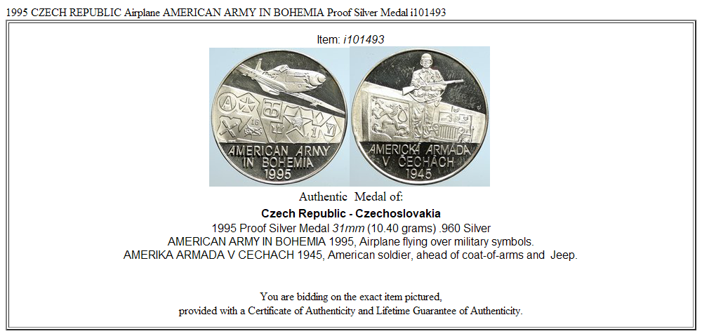 1995 CZECH REPUBLIC Airplane AMERICAN ARMY IN BOHEMIA Proof Silver Medal i101493