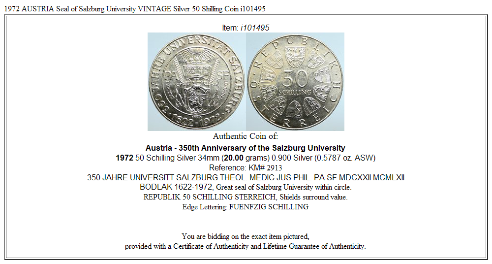 1972 AUSTRIA Seal of Salzburg University VINTAGE Silver 50 Shilling Coin i101495