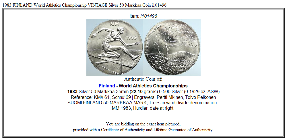 1983 FINLAND World Athletics Championship VINTAGE Silver 50 Markkaa Coin i101496