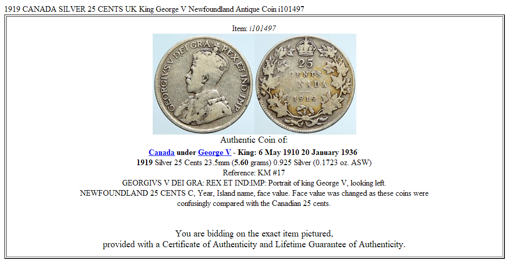 1919 CANADA SILVER 25 CENTS UK King George V Newfoundland Antique Coin i101497