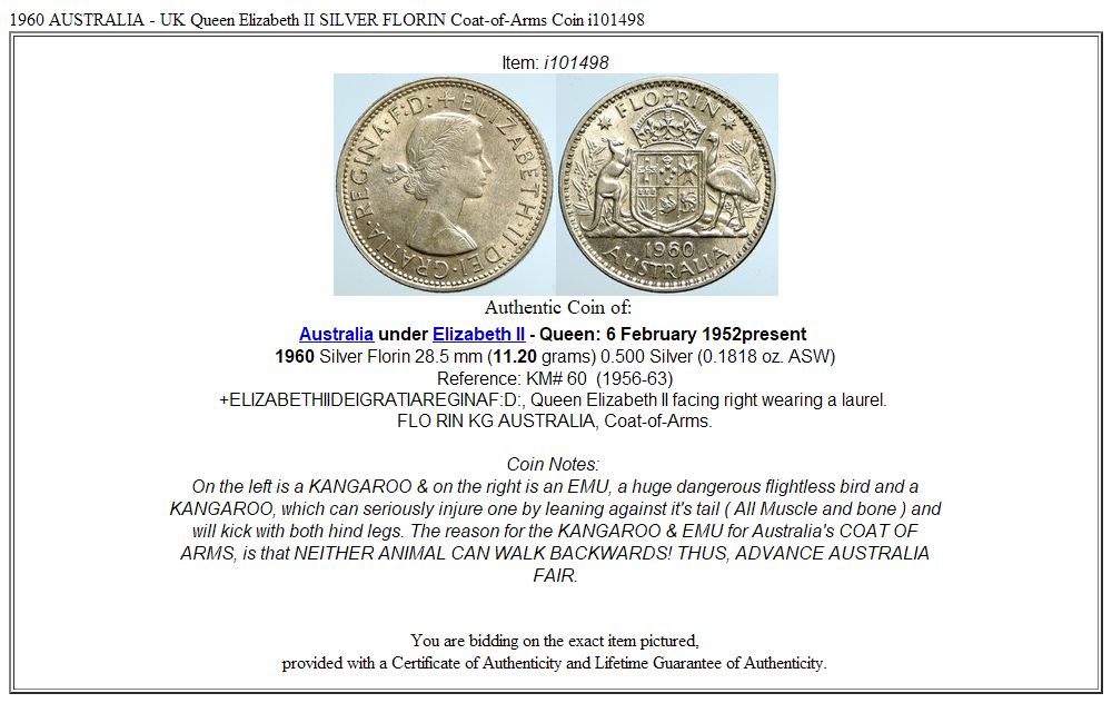 1960 AUSTRALIA - UK Queen Elizabeth II SILVER FLORIN Coat-of-Arms Coin i101498