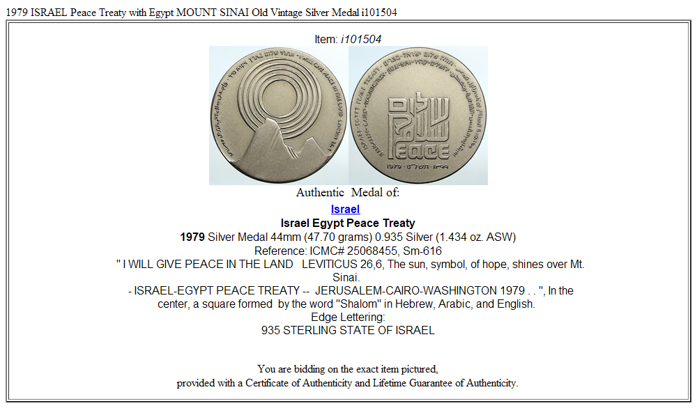 1979 ISRAEL Peace Treaty with Egypt MOUNT SINAI Old Vintage Silver Medal i101504