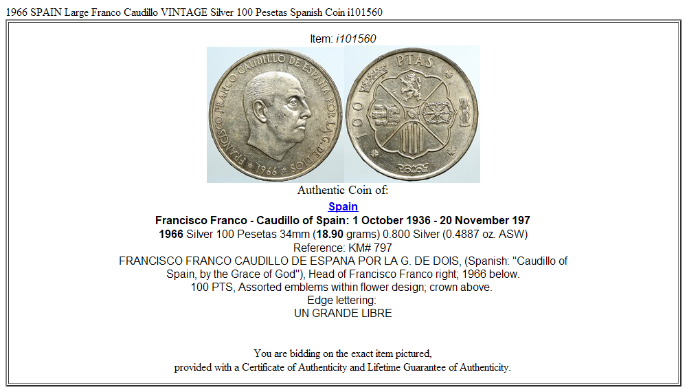 1966 SPAIN Large Franco Caudillo VINTAGE Silver 100 Pesetas Spanish Coin i101560