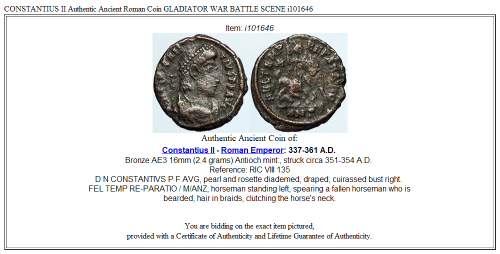 CONSTANTIUS II Authentic Ancient Roman Coin GLADIATOR WAR BATTLE SCENE i101646