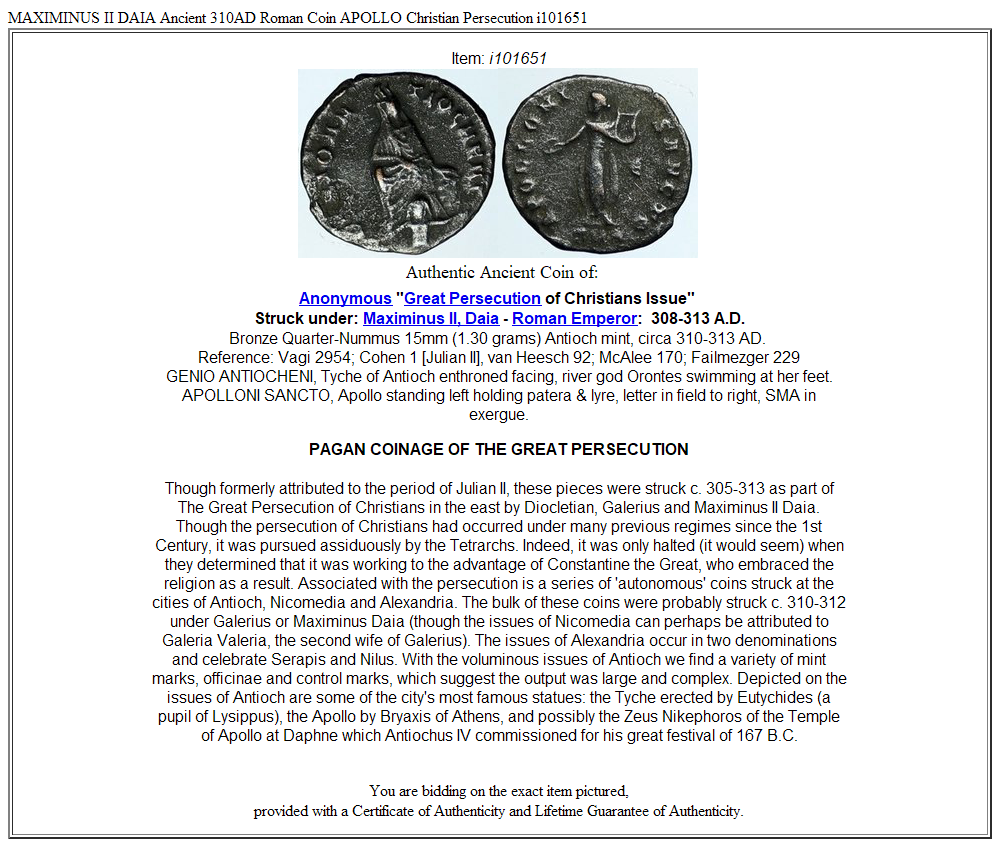 MAXIMINUS II DAIA Ancient 310AD Roman Coin APOLLO Christian Persecution i101651