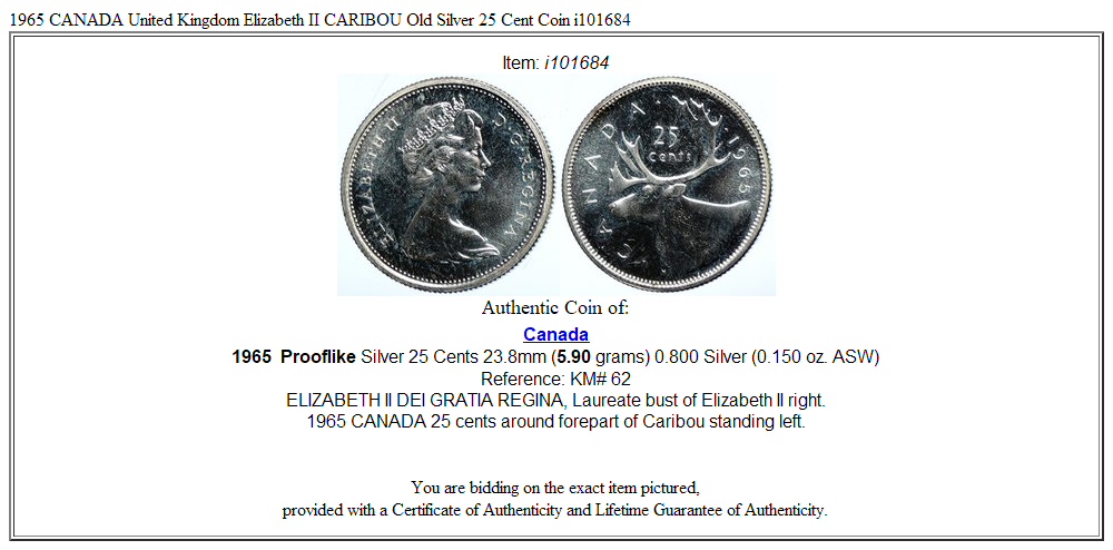 1965 CANADA United Kingdom Elizabeth II CARIBOU Old Silver 25 Cent Coin i101684