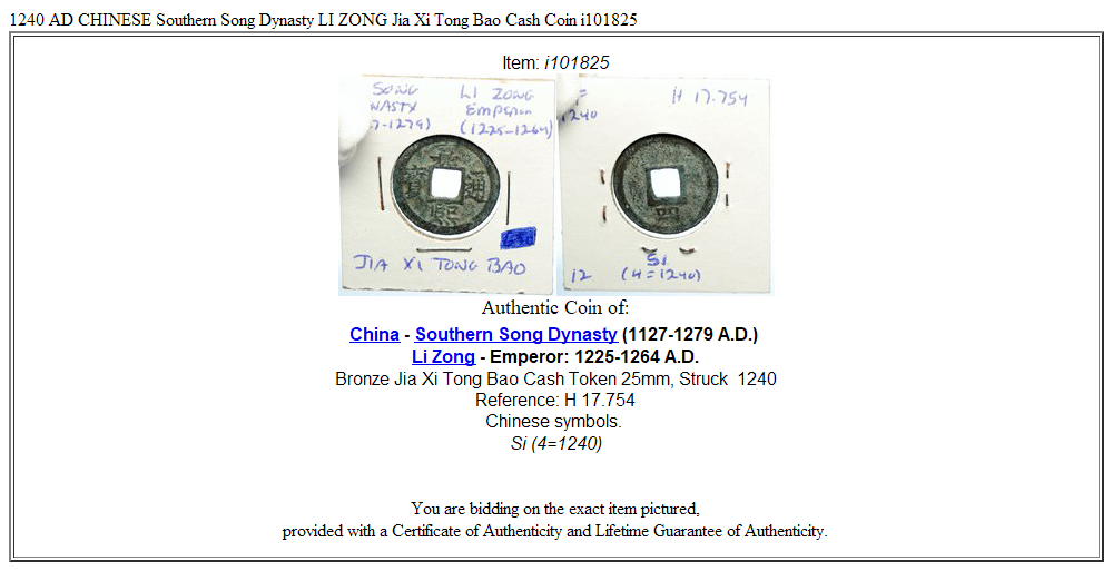 1240 AD CHINESE Southern Song Dynasty LI ZONG Jia Xi Tong Bao Cash Coin i101825