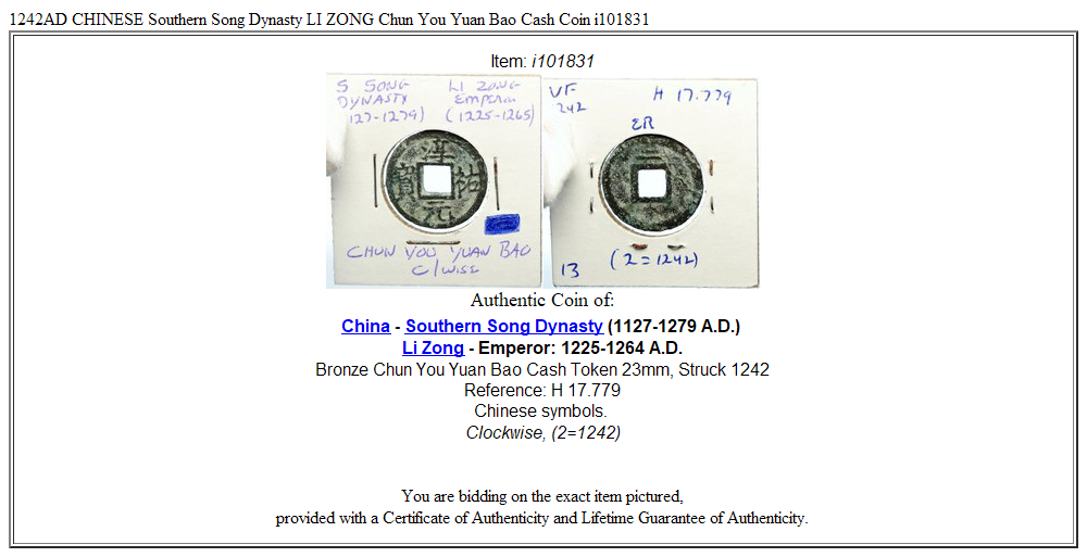 1242AD CHINESE Southern Song Dynasty LI ZONG Chun You Yuan Bao Cash Coin i101831