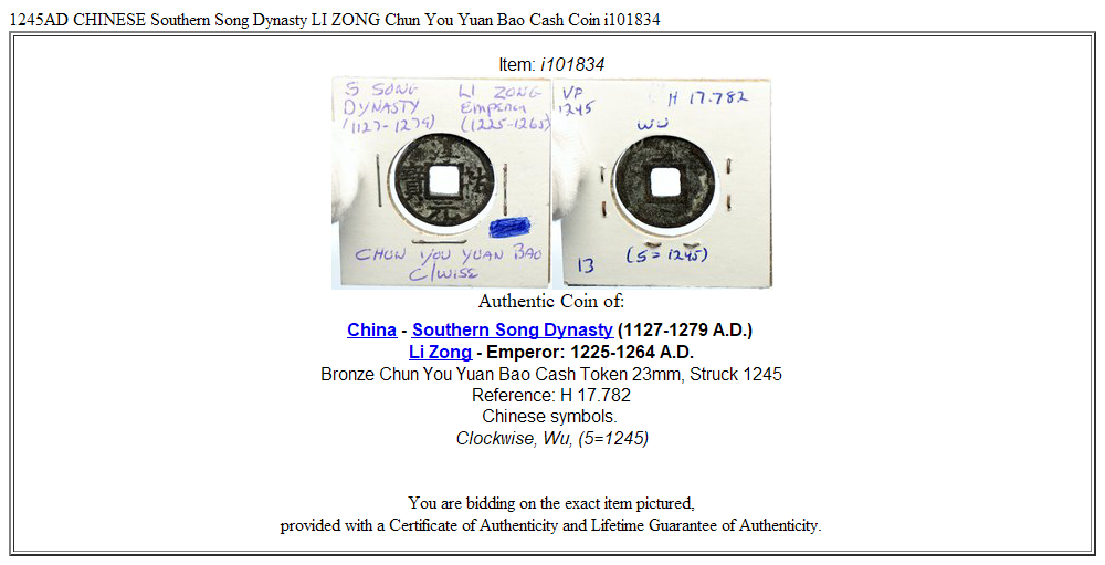 1245AD CHINESE Southern Song Dynasty LI ZONG Chun You Yuan Bao Cash Coin i101834