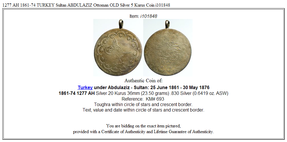 1277 AH 1861-74 TURKEY Sultan ABDULAZIZ Ottoman OLD Silver 5 Kurus Coin i101848