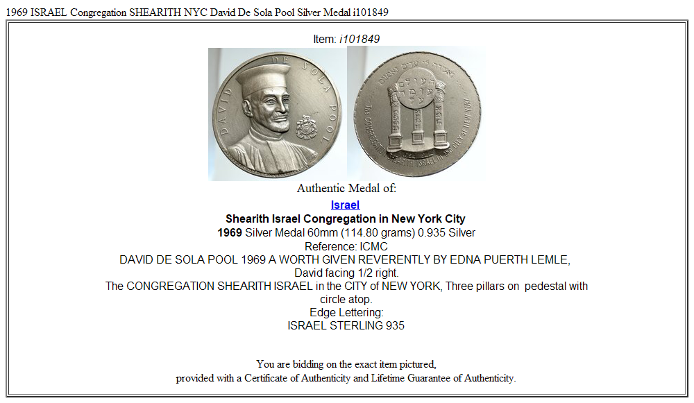 1969 ISRAEL Congregation SHEARITH NYC David De Sola Pool Silver Medal i101849