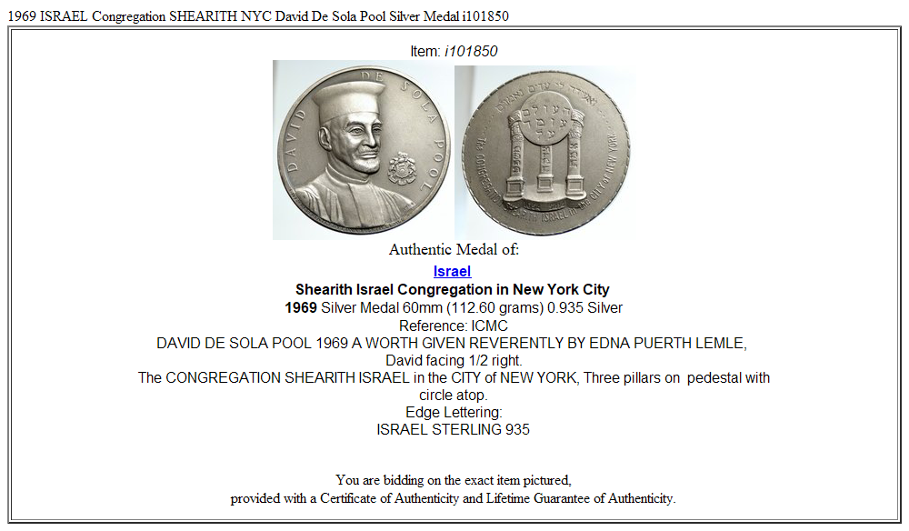 1969 ISRAEL Congregation SHEARITH NYC David De Sola Pool Silver Medal i101850