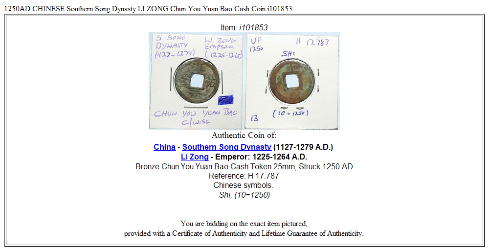 1250AD CHINESE Southern Song Dynasty LI ZONG Chun You Yuan Bao Cash Coin i101853