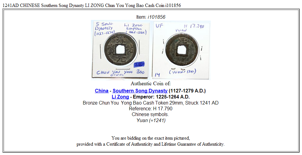 1241AD CHINESE Southern Song Dynasty LI ZONG Chun You Yong Bao Cash Coin i101856