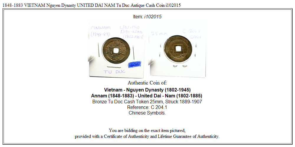 1848-1883 VIETNAM Nguyen Dynasty UNITED DAI NAM Tu Duc Antique Cash Coin i102015