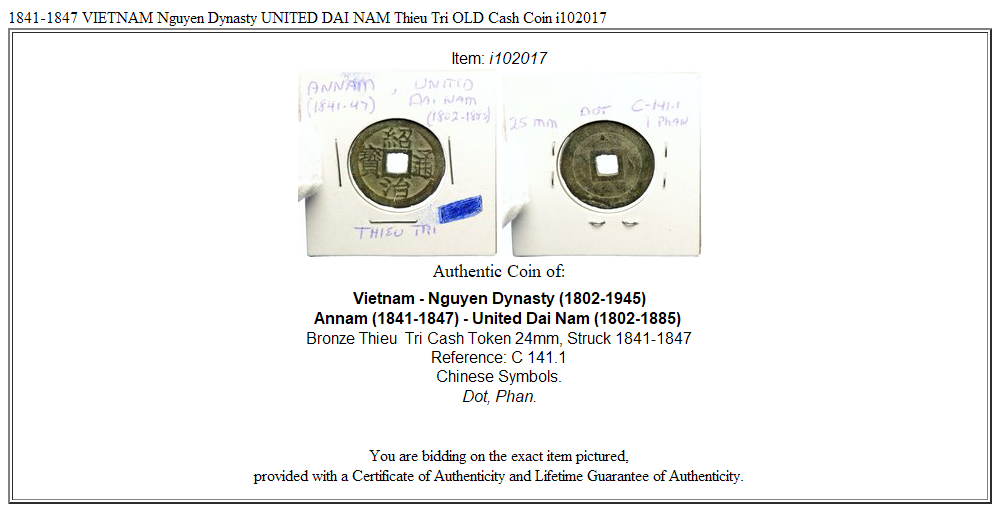 1841-1847 VIETNAM Nguyen Dynasty UNITED DAI NAM Thieu Tri OLD Cash Coin i102017