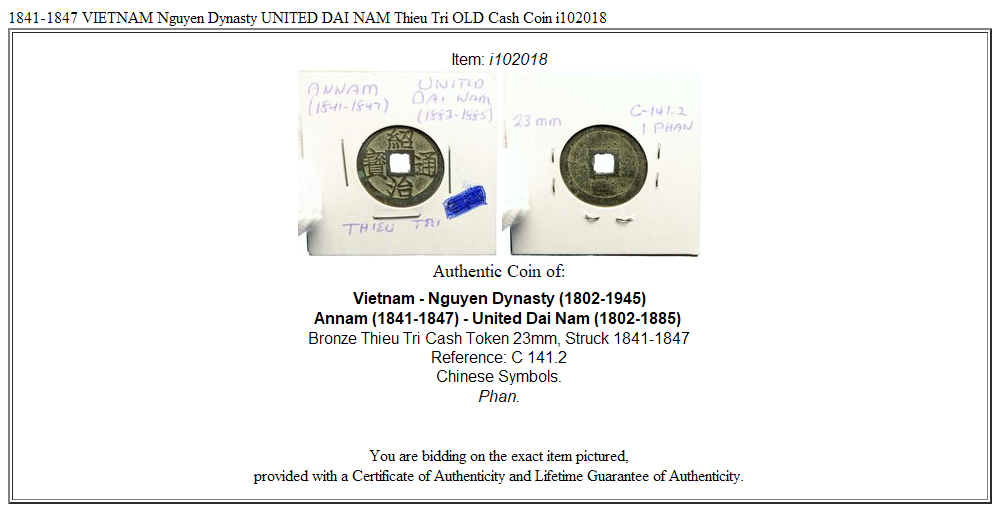 1841-1847 VIETNAM Nguyen Dynasty UNITED DAI NAM Thieu Tri OLD Cash Coin i102018