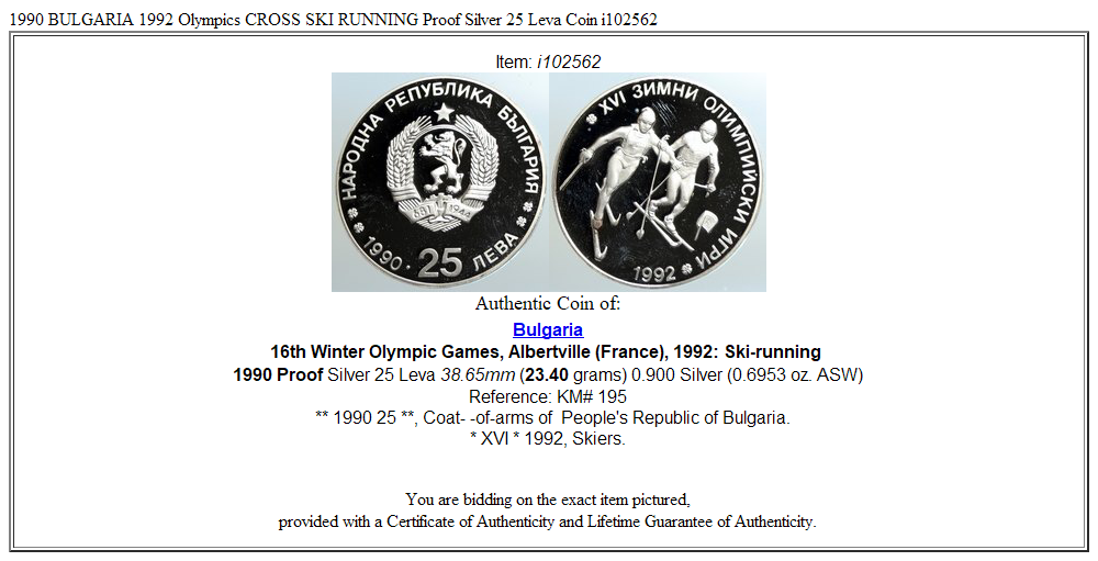 1990 BULGARIA 1992 Olympics CROSS SKI RUNNING Proof Silver 25 Leva Coin i102562