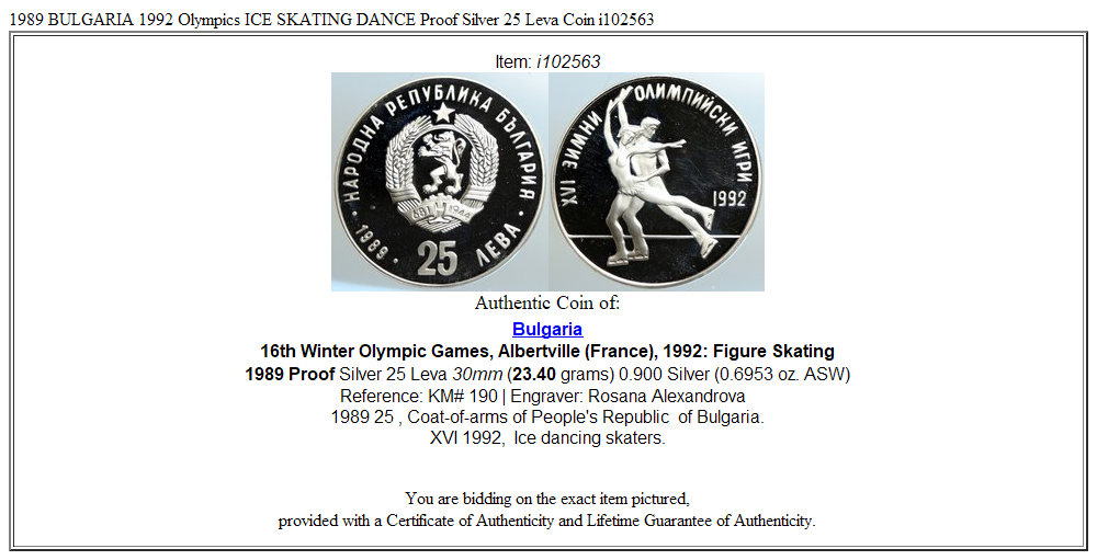 1989 BULGARIA 1992 Olympics ICE SKATING DANCE Proof Silver 25 Leva Coin i102563