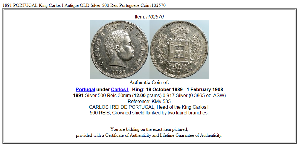 1891 PORTUGAL King Carlos I Antique OLD Silver 500 Reis Portuguese Coin i102570