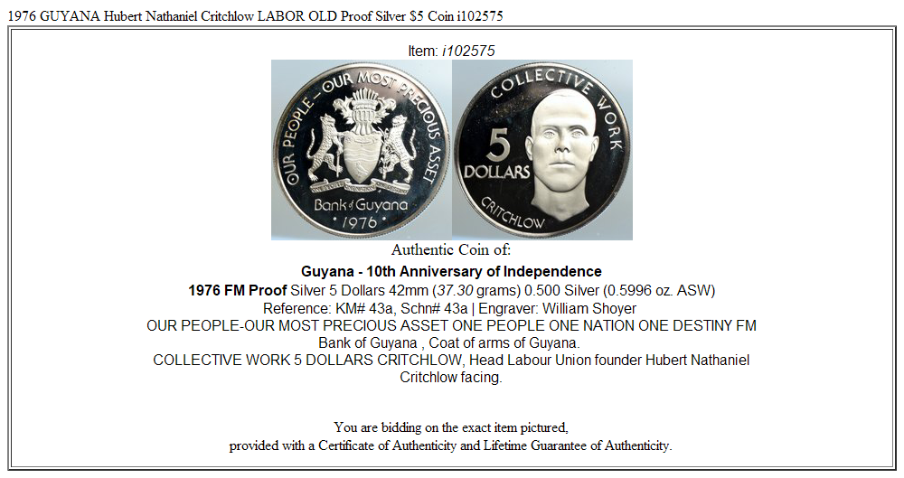 1976 GUYANA Hubert Nathaniel Critchlow LABOR OLD Proof Silver $5 Coin i102575