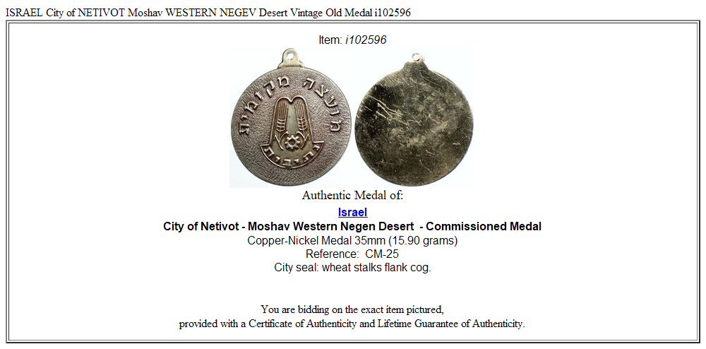 ISRAEL City of NETIVOT Moshav WESTERN NEGEV Desert Vintage Old Medal i102596