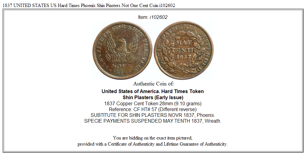 1837 UNITED STATES US Hard Times Phoenix Shin Piasters Not One Cent Coin i102602