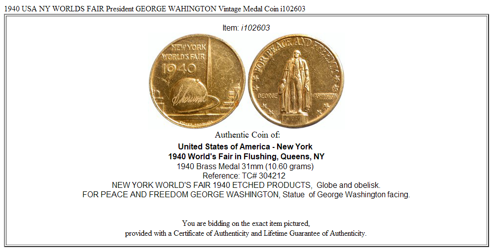 1940 USA NY WORLDS FAIR President GEORGE WAHINGTON Vintage Medal Coin i102603