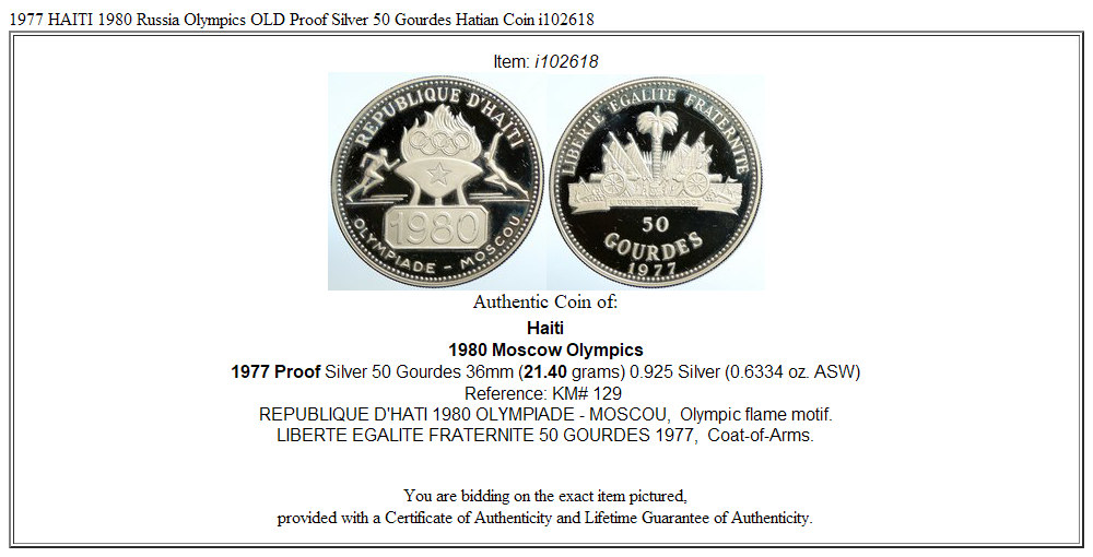 1977 HAITI 1980 Russia Olympics OLD Proof Silver 50 Gourdes Hatian Coin i102618