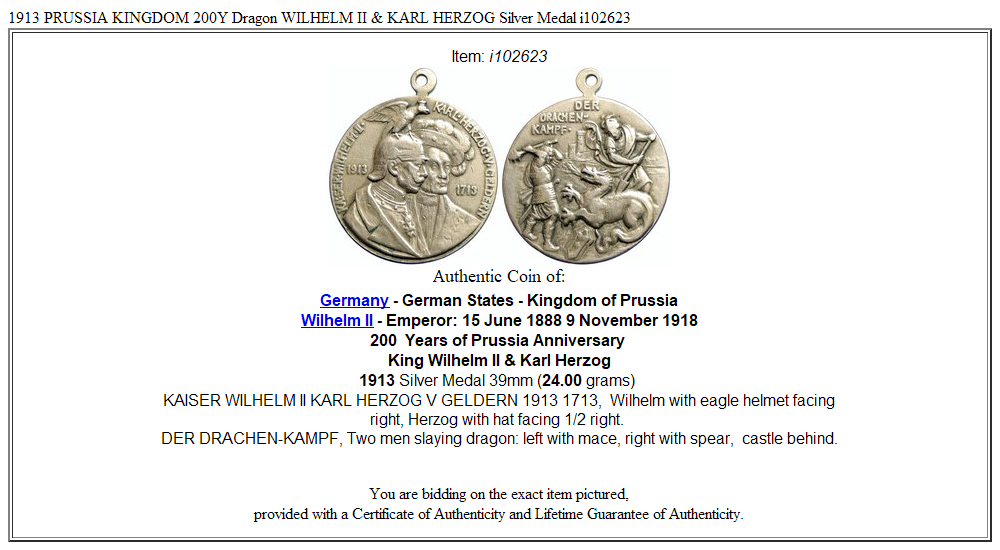 1913 PRUSSIA KINGDOM 200Y Dragon WILHELM II & KARL HERZOG Silver Medal i102623